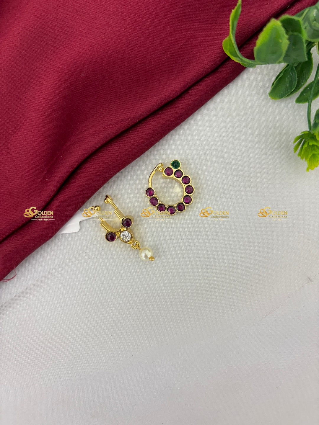 Real Kemp Nath Nose Pin for Bharatanatyam BBA001 with red-green kemp stones