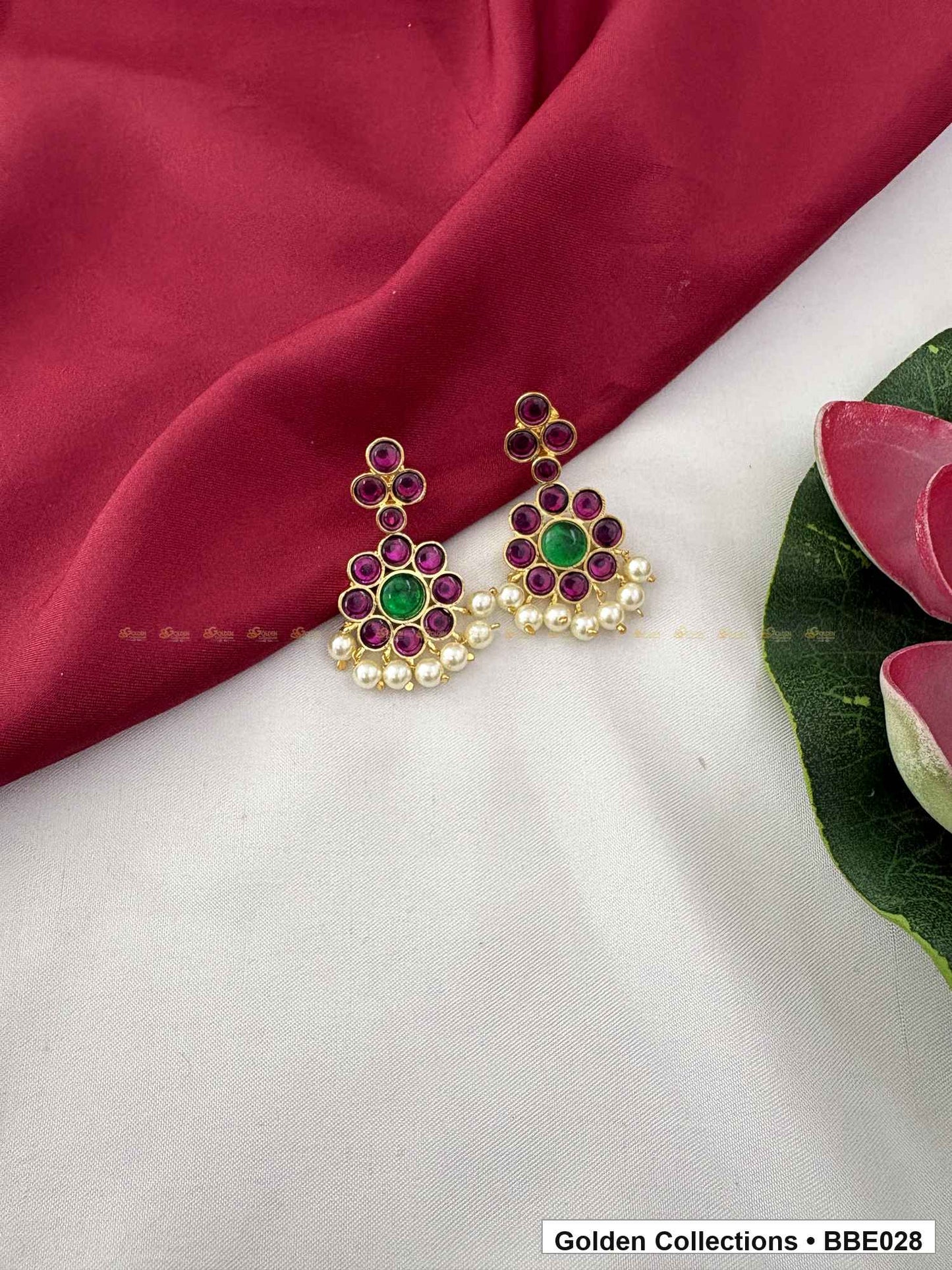 Front view of Red Green Stone Real Kemp Jhumki Earrings from Golden Collections