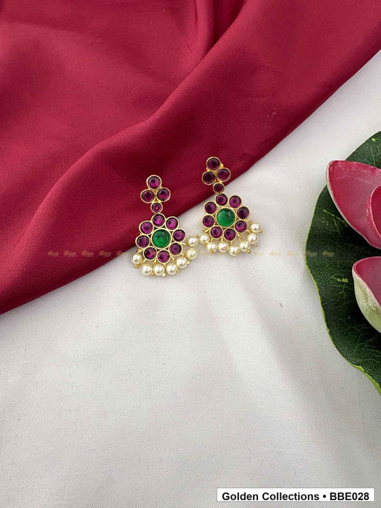 Front view of Red Green Stone Real Kemp Jhumki Earrings from Golden Collections