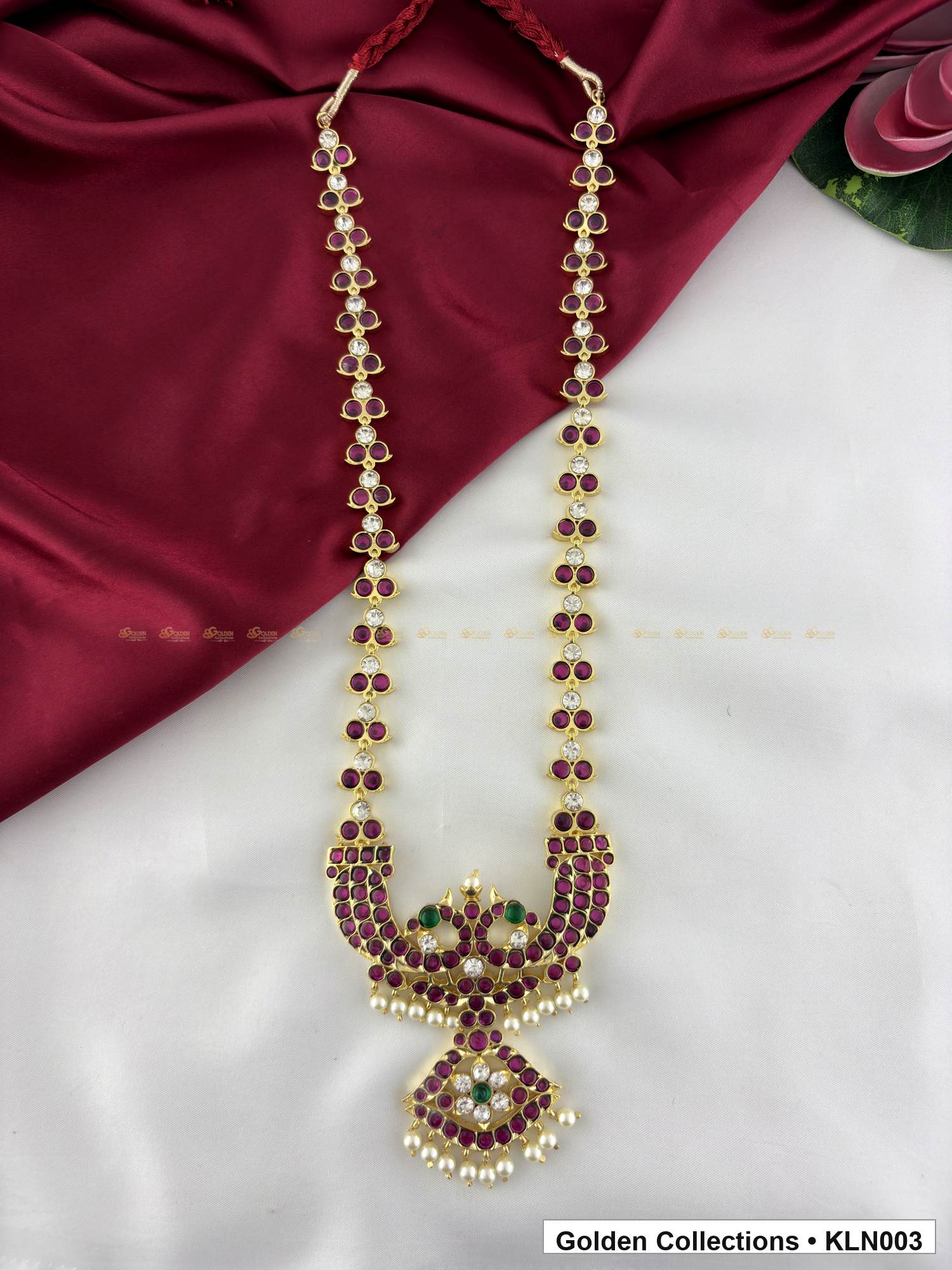 Front view of Red Green Stone Real Kemp Long Haram with Pendant from Golden Collections