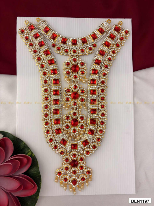Front view of deity chest long haram with multicolor stones and gold plating for idol alankaram