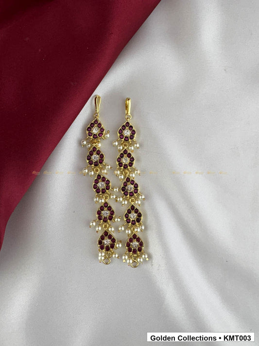 Front view of Red Stone Linked Real Kemp Mattal Ear Chains from Golden Collections