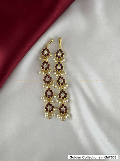 Angled product view of Red Stone Linked Real Kemp Mattal Ear Chains from Golden Collections