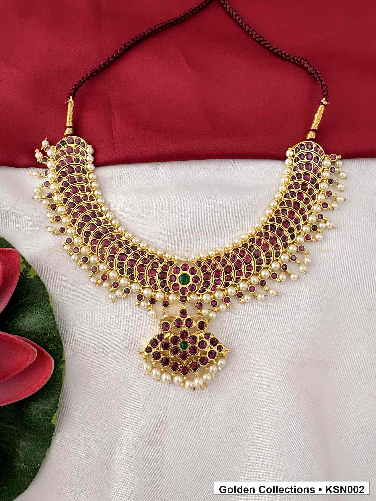 Angled product view of Red Stone Real Kemp Crescent Short Necklace from Golden Collections