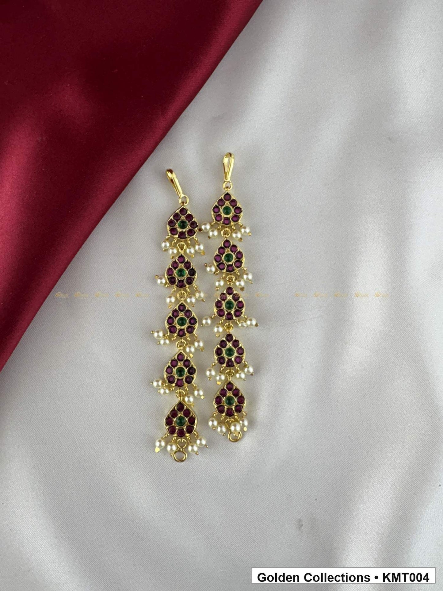 Front view of Red Stone Real Kemp Linked Mattal Ear Chains from Golden Collections