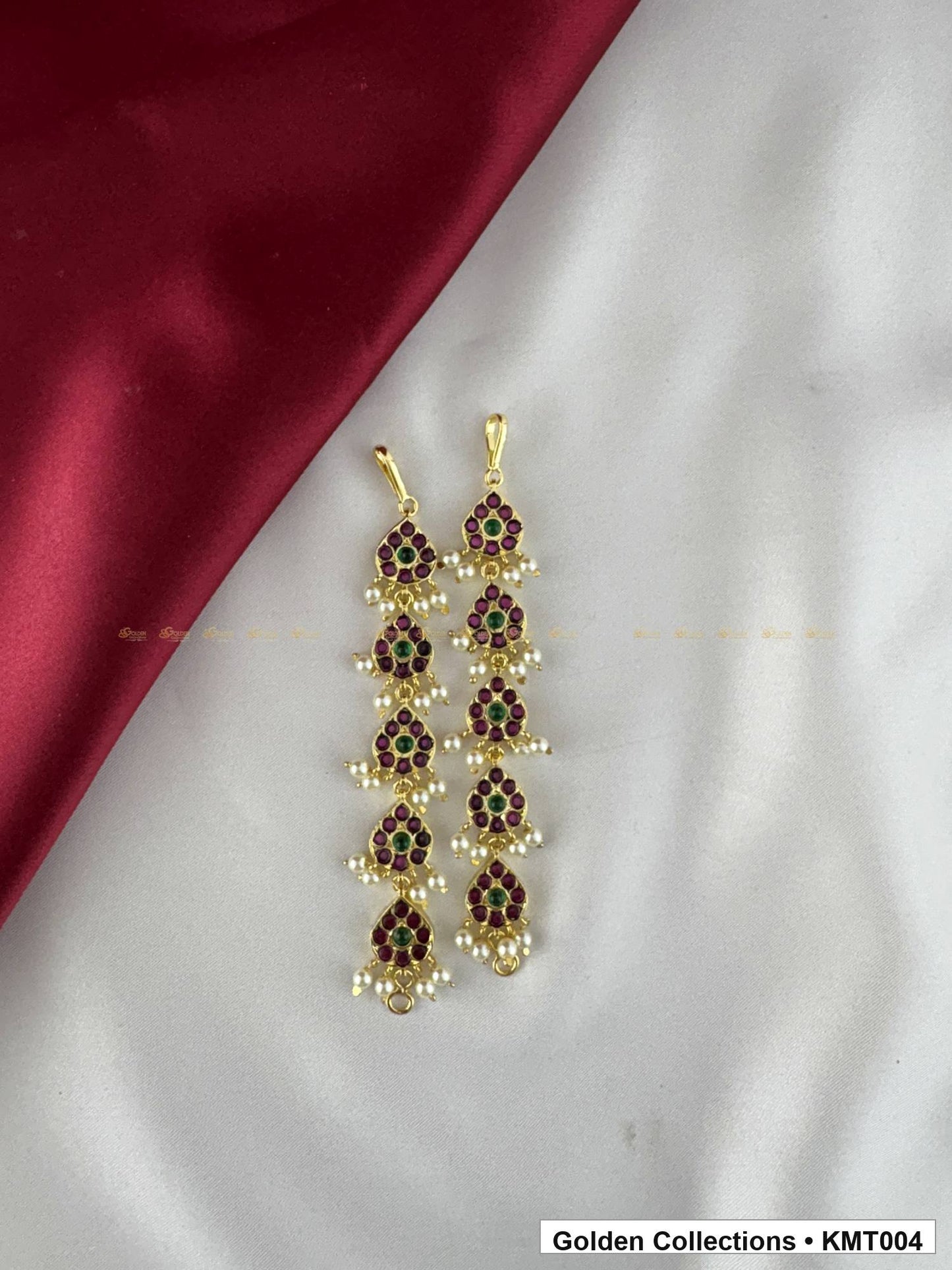 Angled product view of Red Stone Real Kemp Linked Mattal Ear Chains from Golden Collections