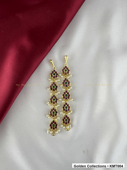 Angled product view of Red Stone Real Kemp Linked Mattal Ear Chains from Golden Collections