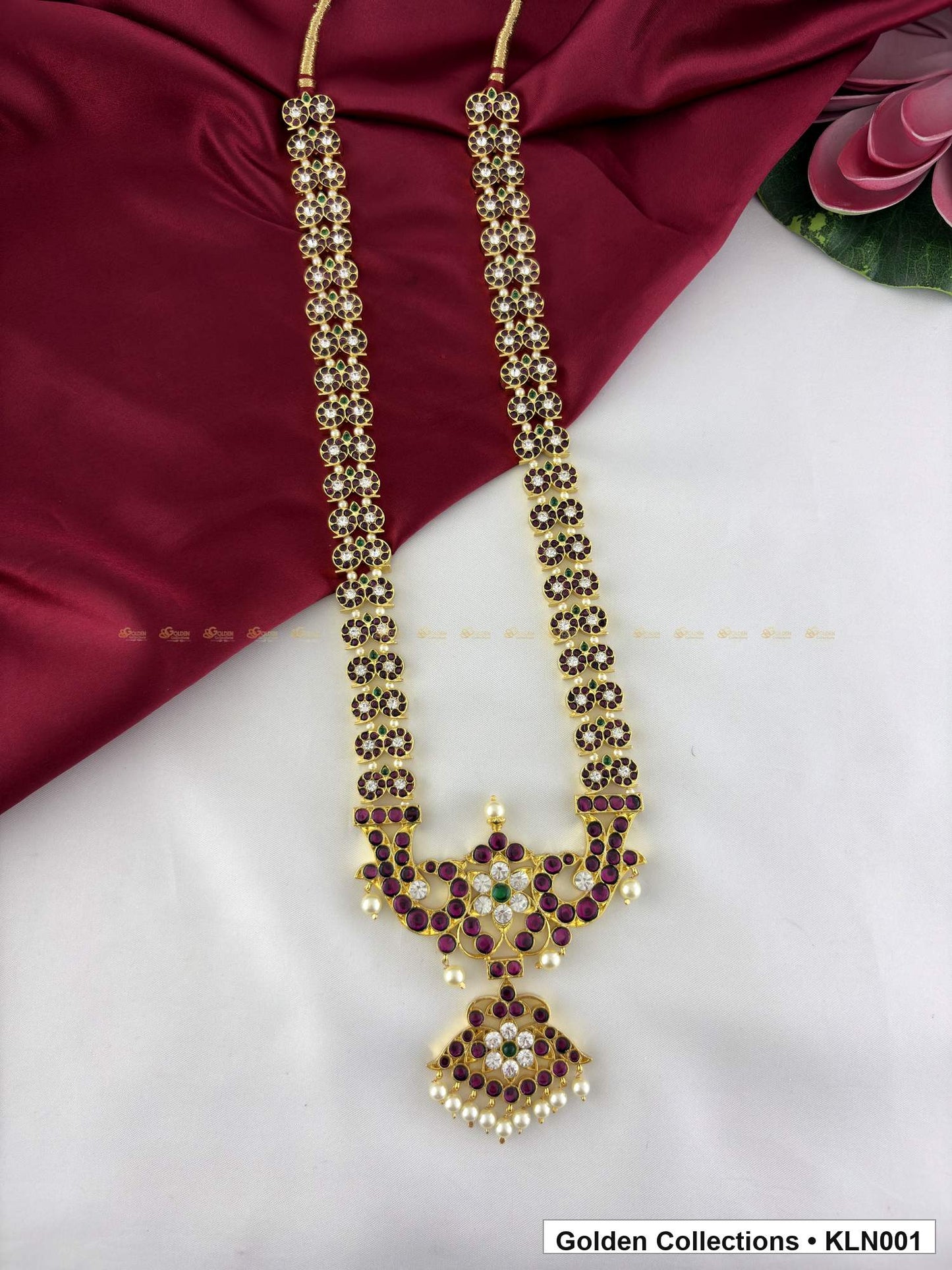 Detail view of Red Stone Real Kemp Long Haram with Temple Pendant from Golden Collections