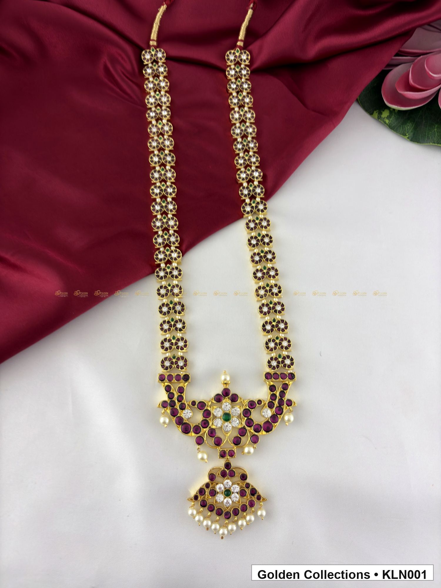 Additional product view of Red Stone Real Kemp Long Haram with Temple Pendant from Golden Collections