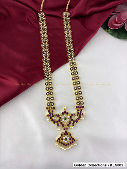 Additional product view of Red Stone Real Kemp Long Haram with Temple Pendant from Golden Collections