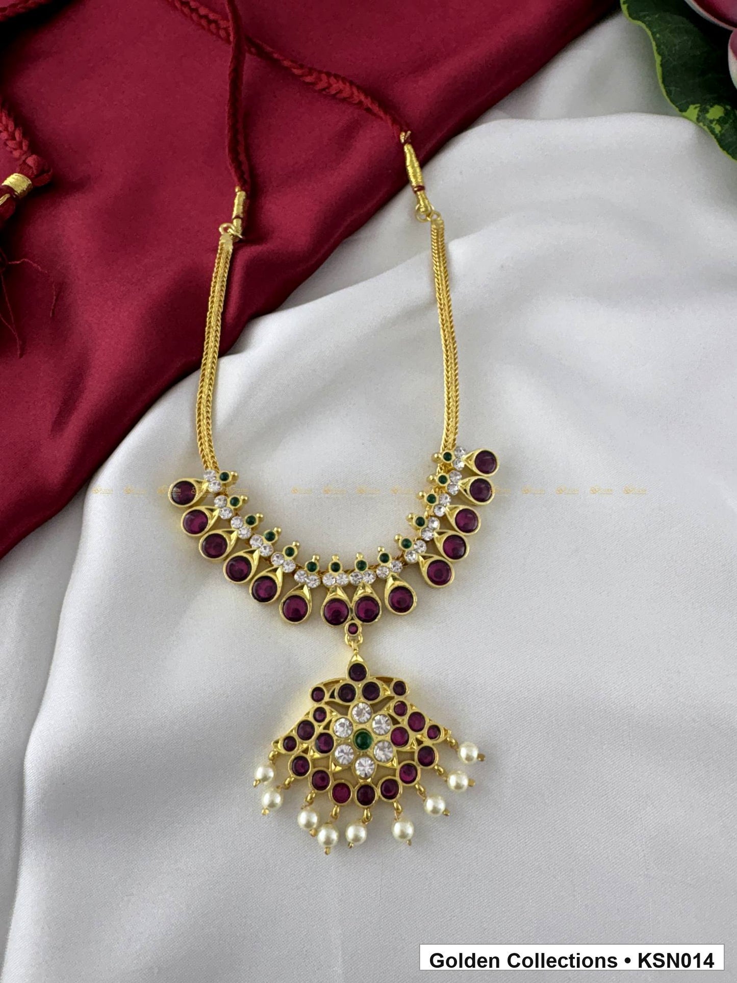 Front view of Red Stone Real Kemp Short Necklace with Drop Pendant from Golden Collections