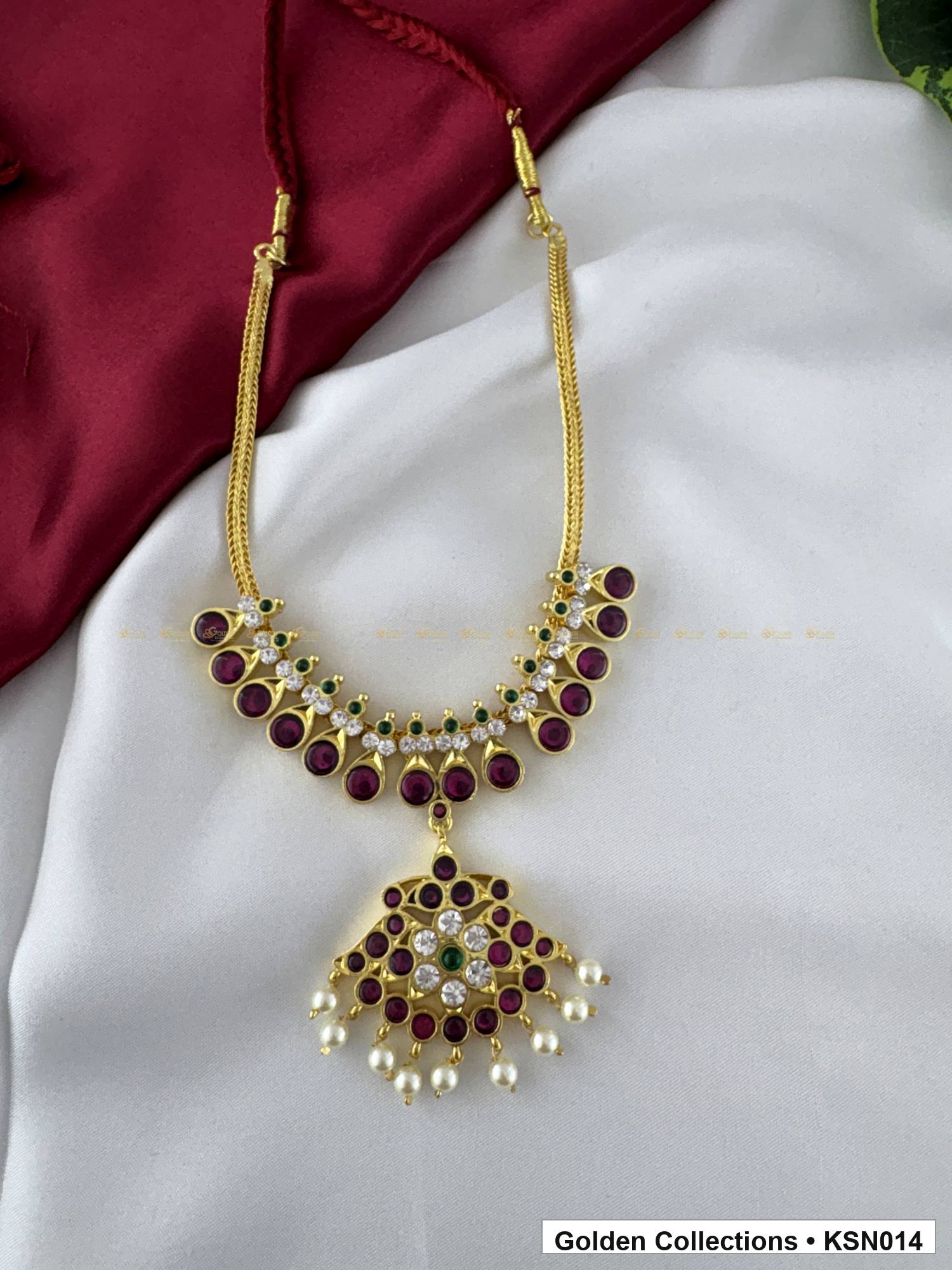 Angled product view of Red Stone Real Kemp Short Necklace with Drop Pendant from Golden Collections