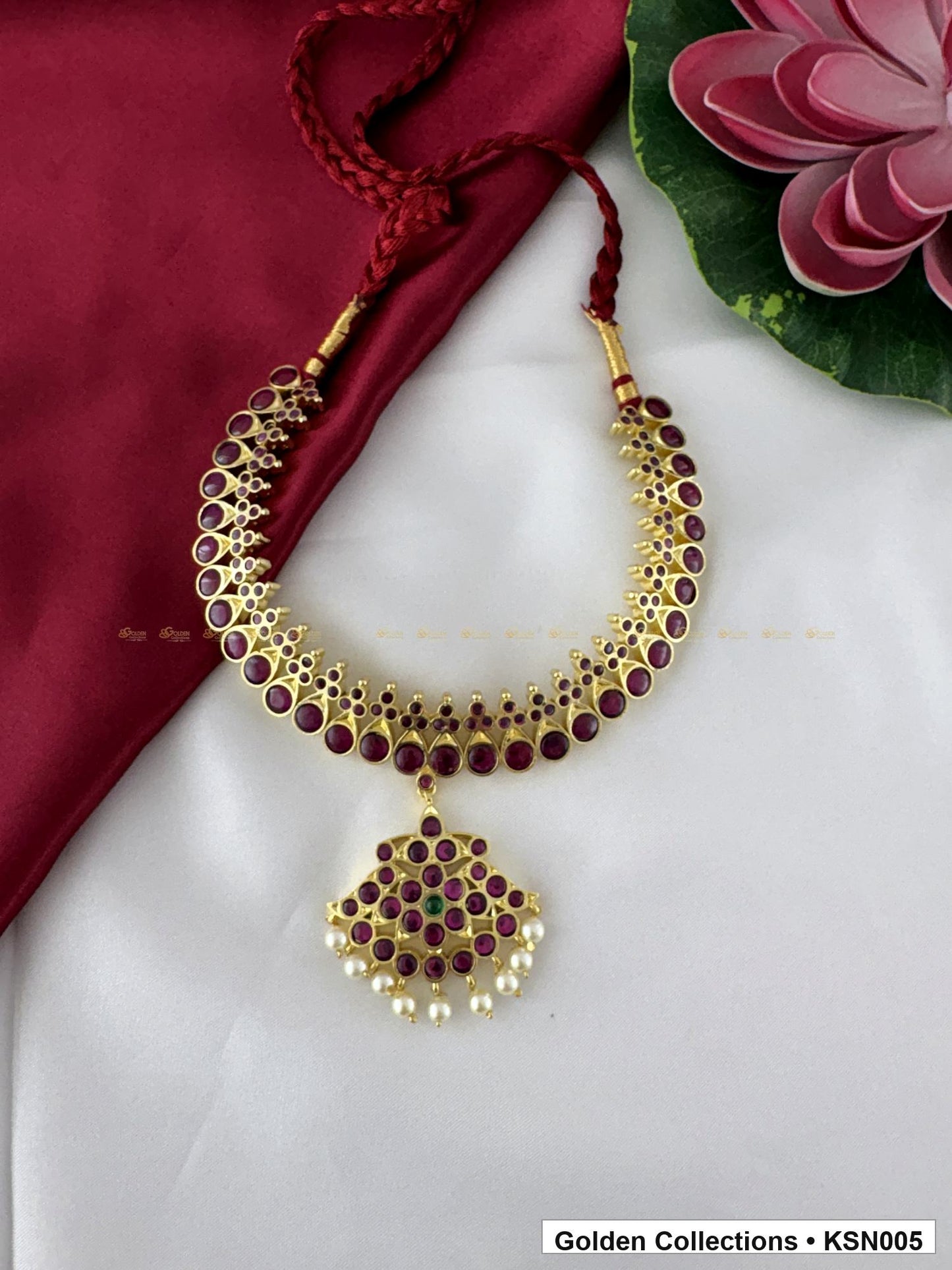 Front view of Red Stone Real Kemp Short Necklace with Temple Pendant from Golden Collections