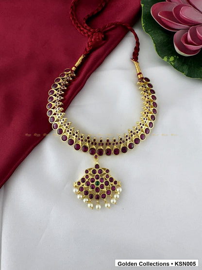 Angled product view of Red Stone Real Kemp Short Necklace with Temple Pendant from Golden Collections