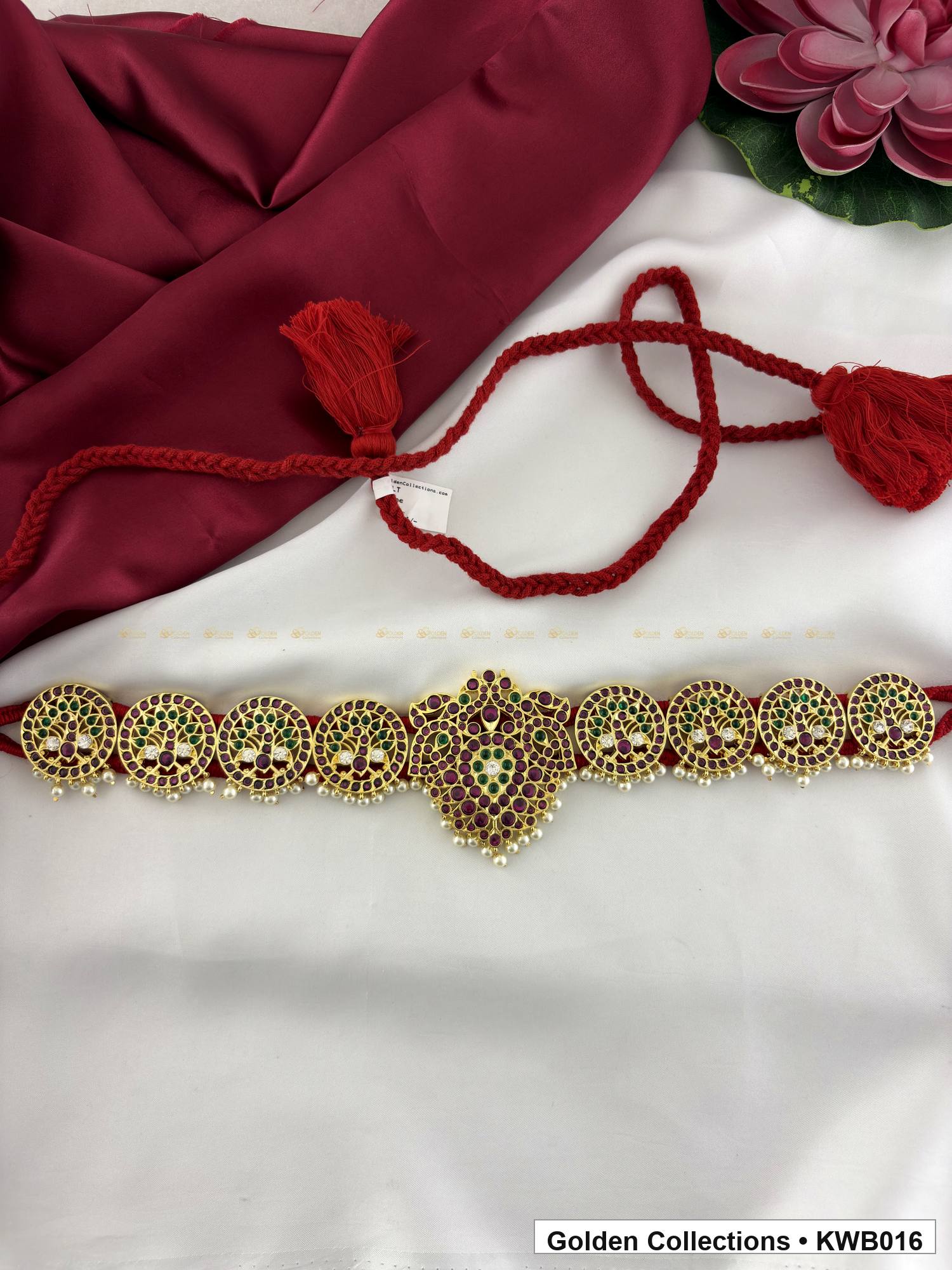 Front view of Red Stone Real Kemp Vaddanam Waist Belt with Center Pendant from Golden Collections