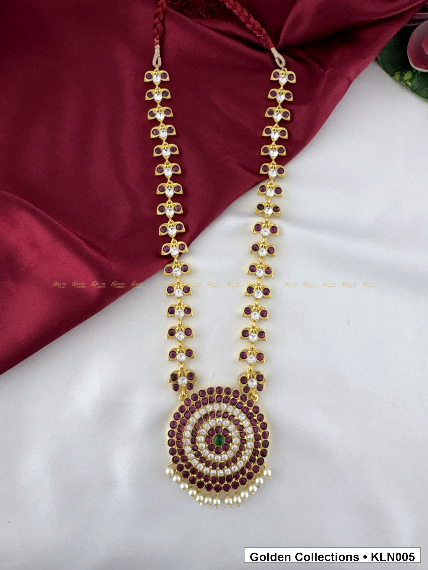 Front view of Red Stone Round Pendant Real Kemp Long Haram from Golden Collections