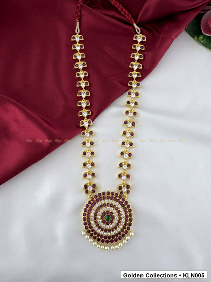 Front view of Red Stone Round Pendant Real Kemp Long Haram from Golden Collections