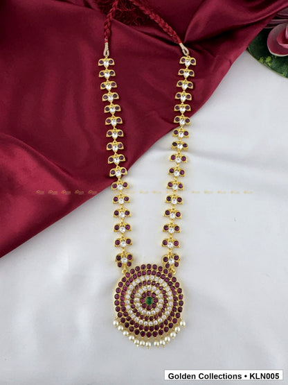 Angled product view of Red Stone Round Pendant Real Kemp Long Haram from Golden Collections