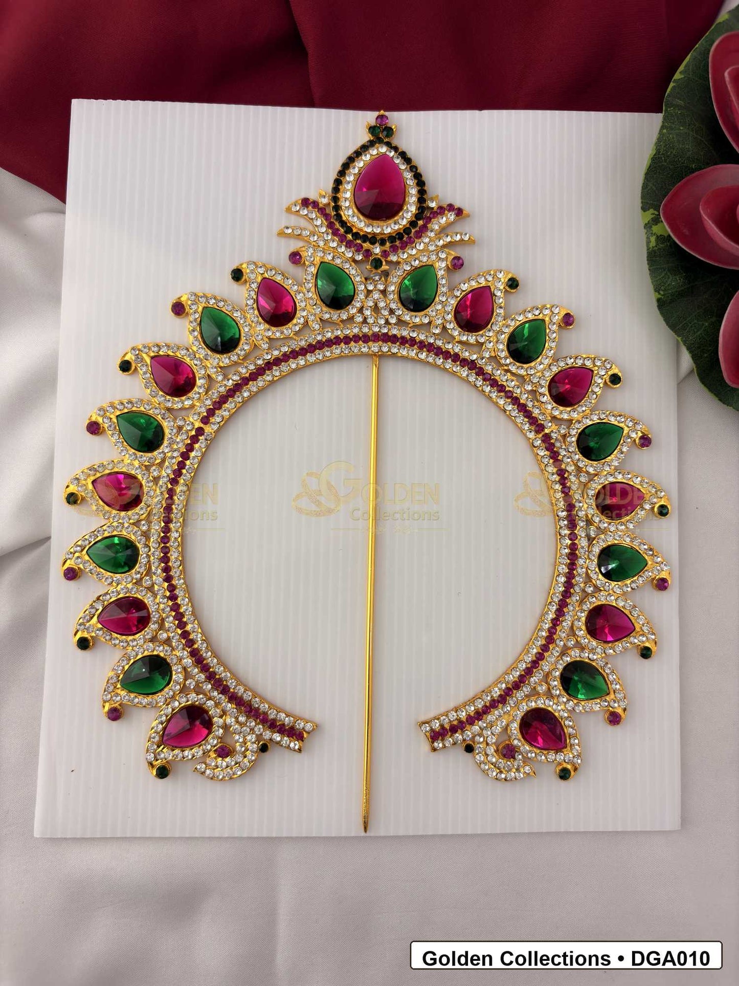 Front view of Regal Deity Arch for Idol Alankaram showing gold-plated arch shape with stone accents for crown or mukut framing