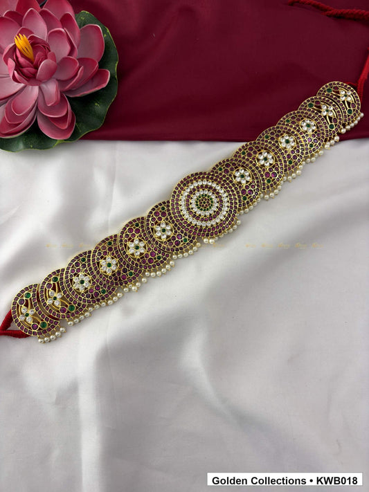 Front view of Round Floral Real Kemp Vaddanam Waist Belt from Golden Collections