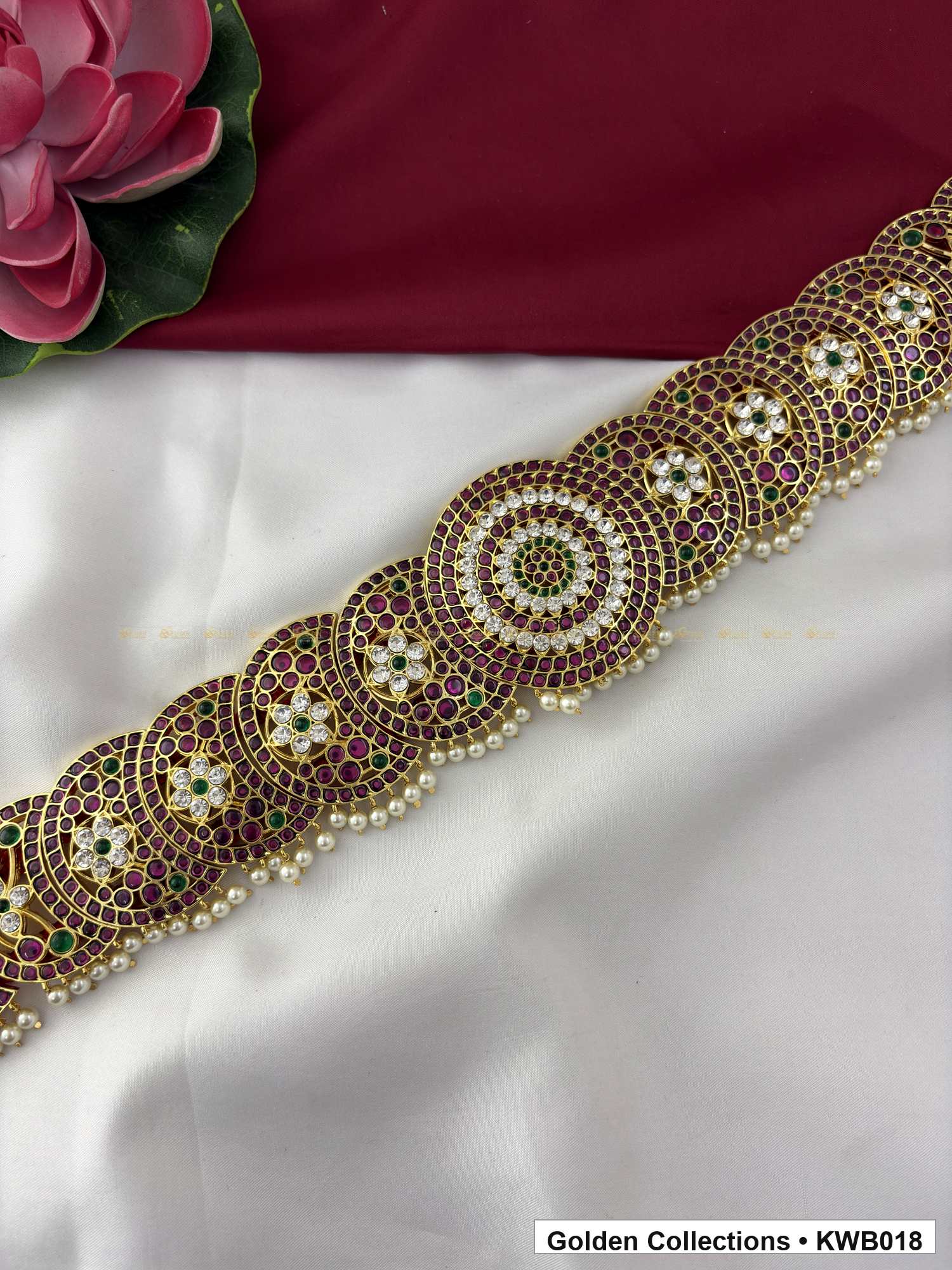 Angled product view of Round Floral Real Kemp Vaddanam Waist Belt from Golden Collections