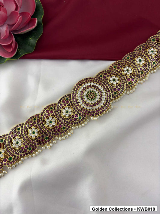 Angled product view of Round Floral Real Kemp Vaddanam Waist Belt from Golden Collections