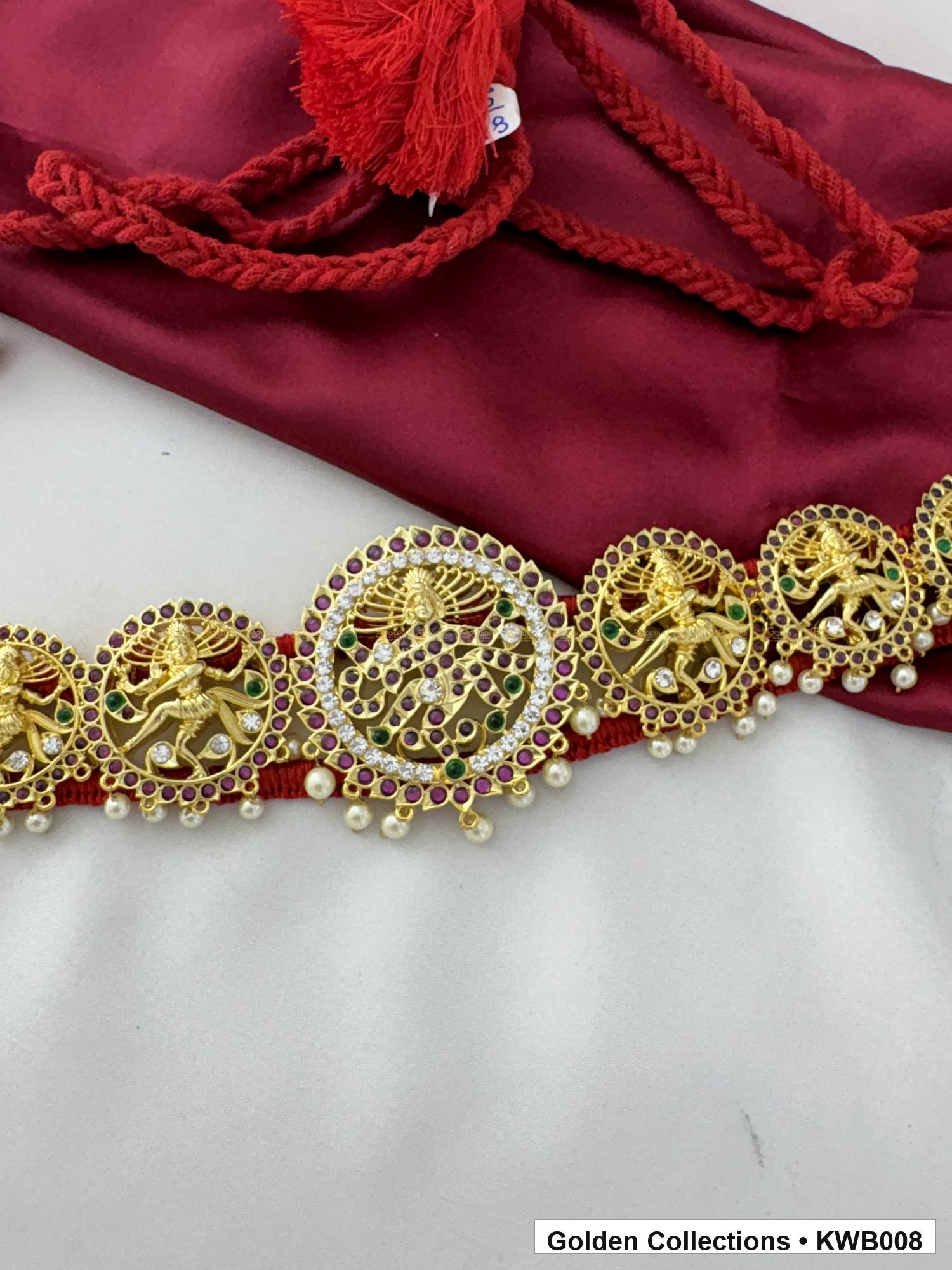 Front view of Round Medallion Real Kemp Vaddanam Waist Belt from Golden Collections