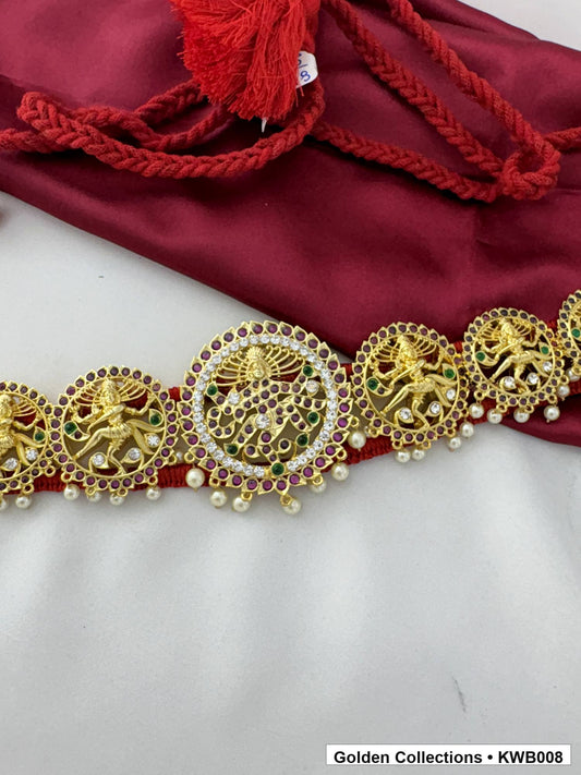 Front view of Round Medallion Real Kemp Vaddanam Waist Belt from Golden Collections