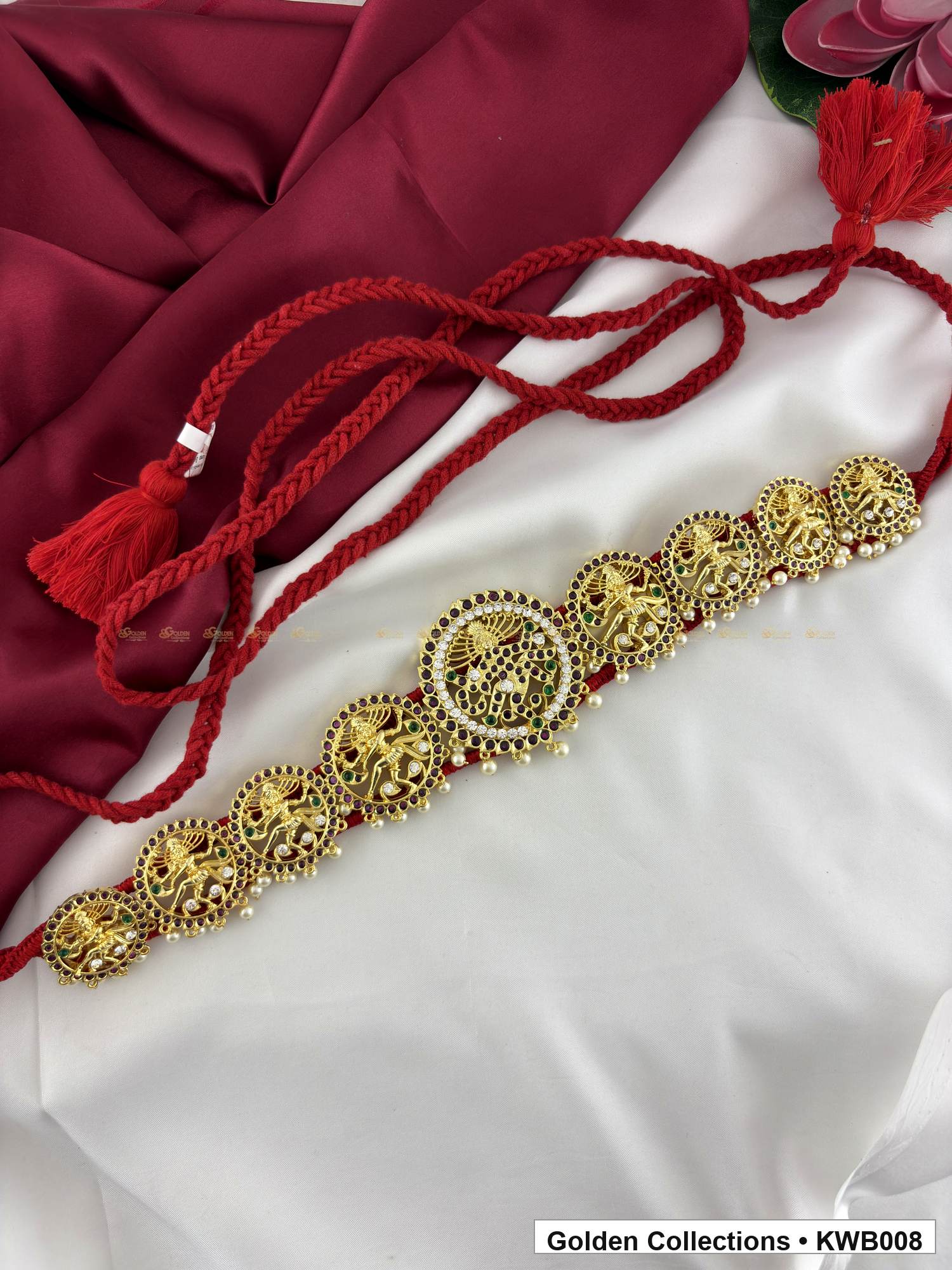 Angled product view of Round Medallion Real Kemp Vaddanam Waist Belt from Golden Collections