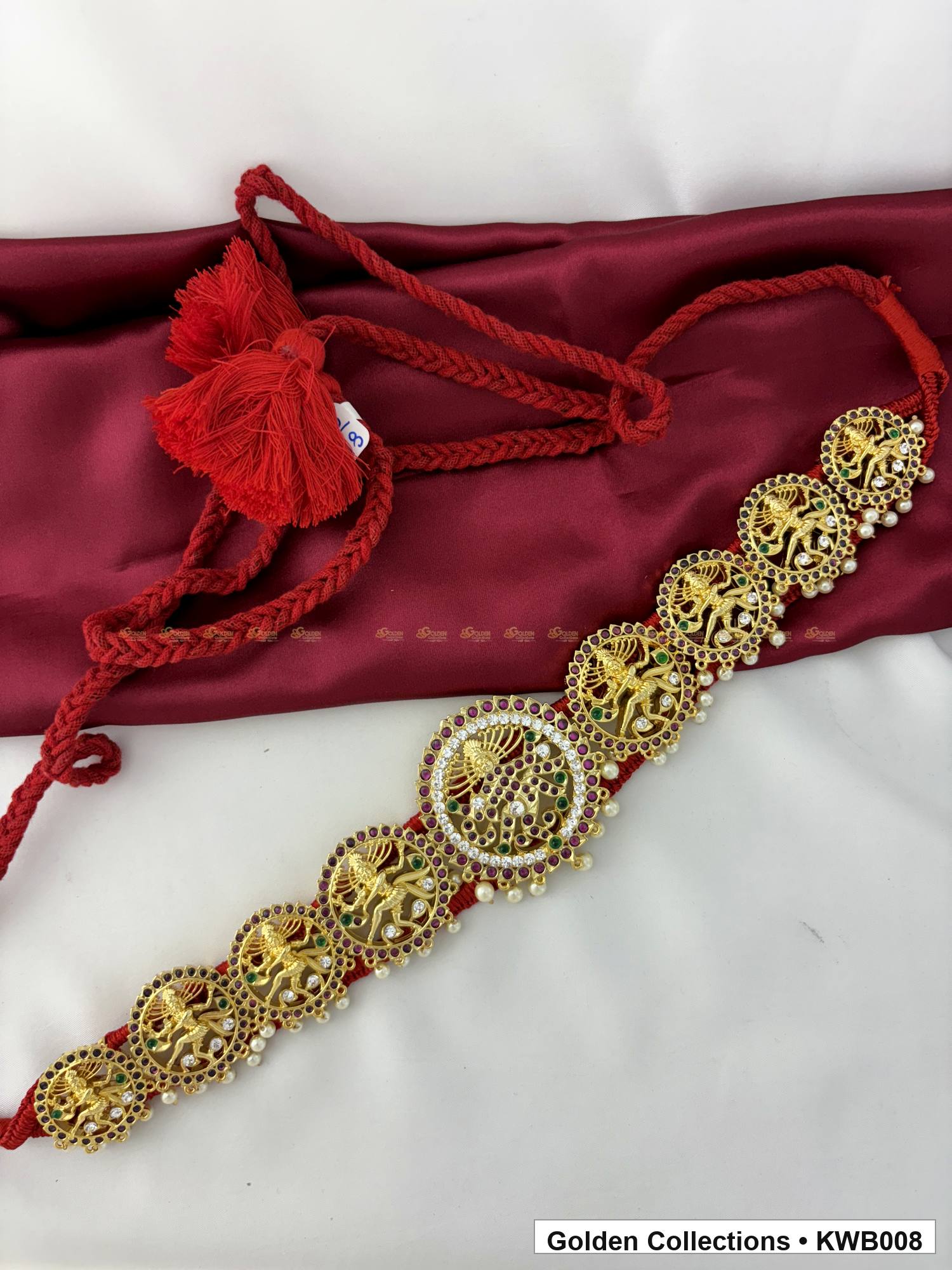 Detail view of Round Medallion Real Kemp Vaddanam Waist Belt from Golden Collections