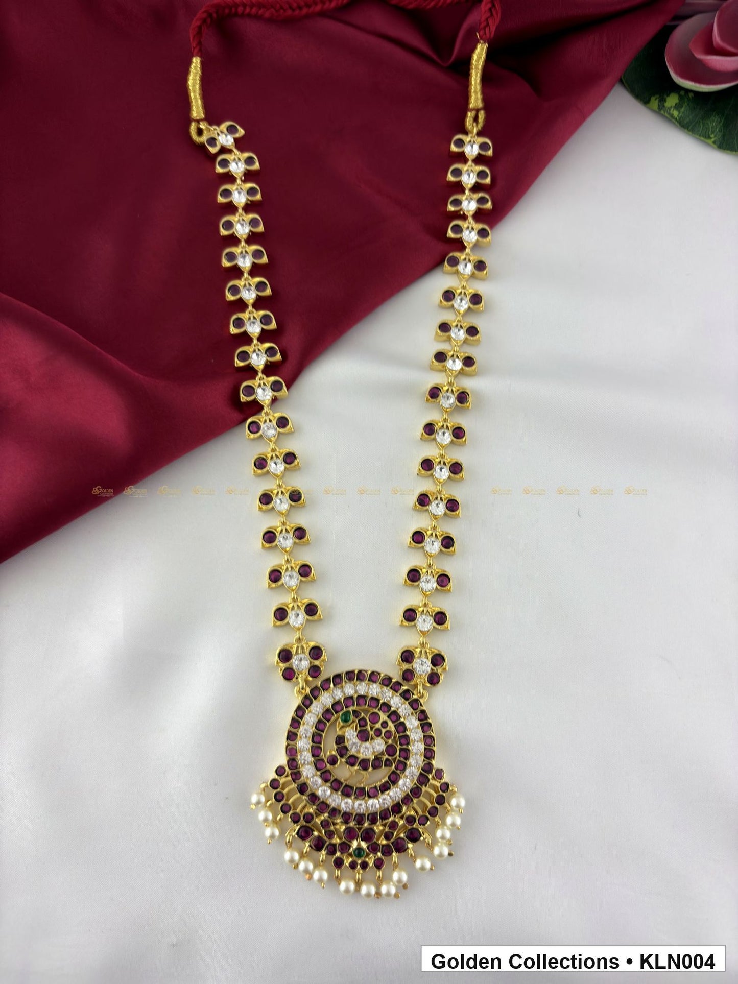 Front view of Round Pendant Real Kemp Long Haram for Bharatanatyam from Golden Collections