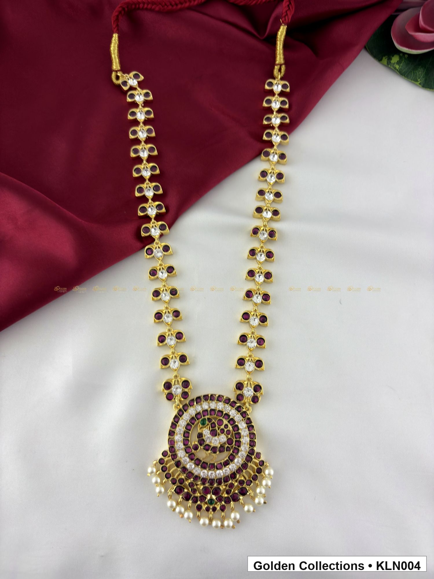 Front view of Round Pendant Real Kemp Long Haram for Bharatanatyam from Golden Collections