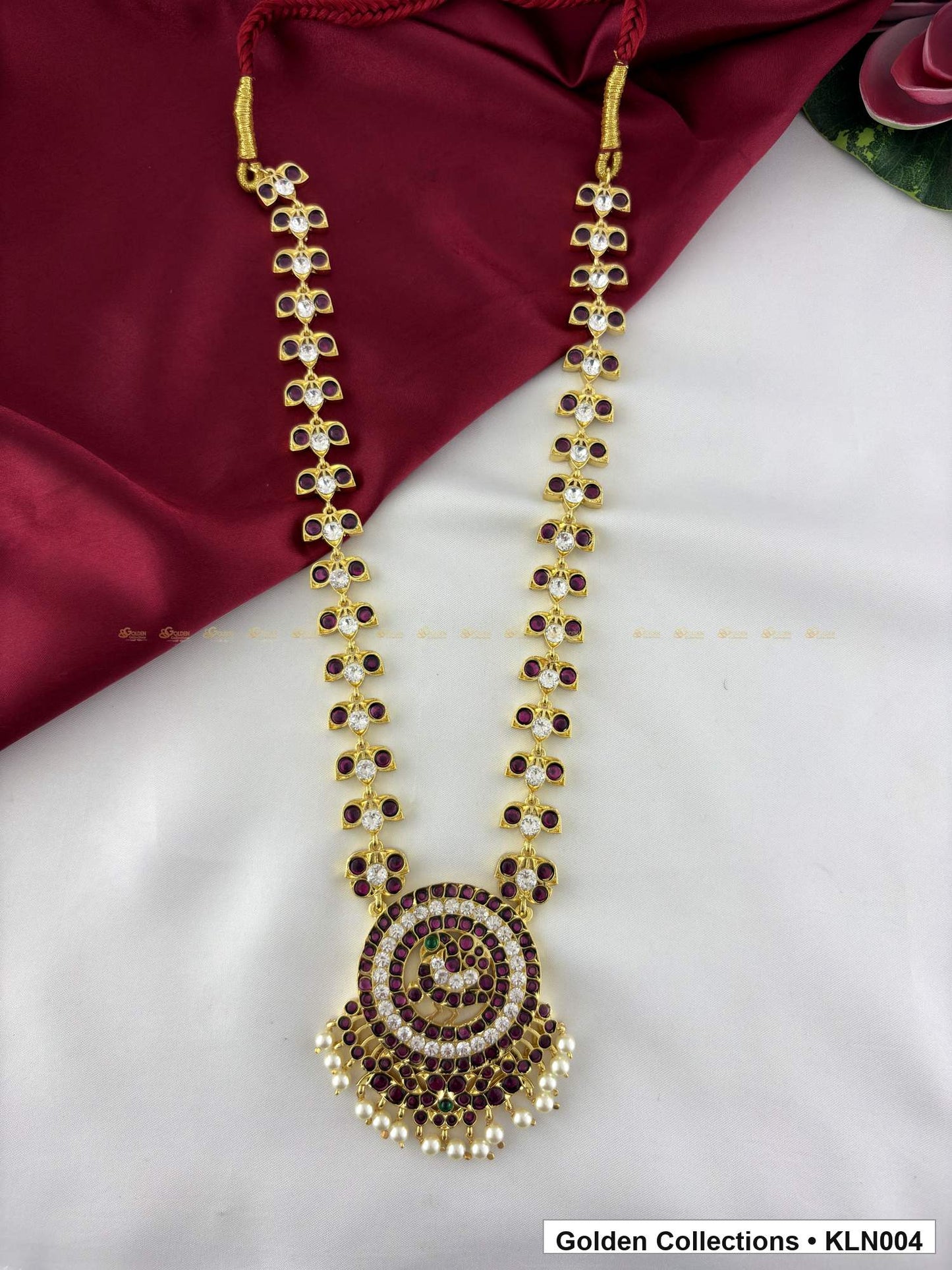 Angled product view of Round Pendant Real Kemp Long Haram for Bharatanatyam from Golden Collections