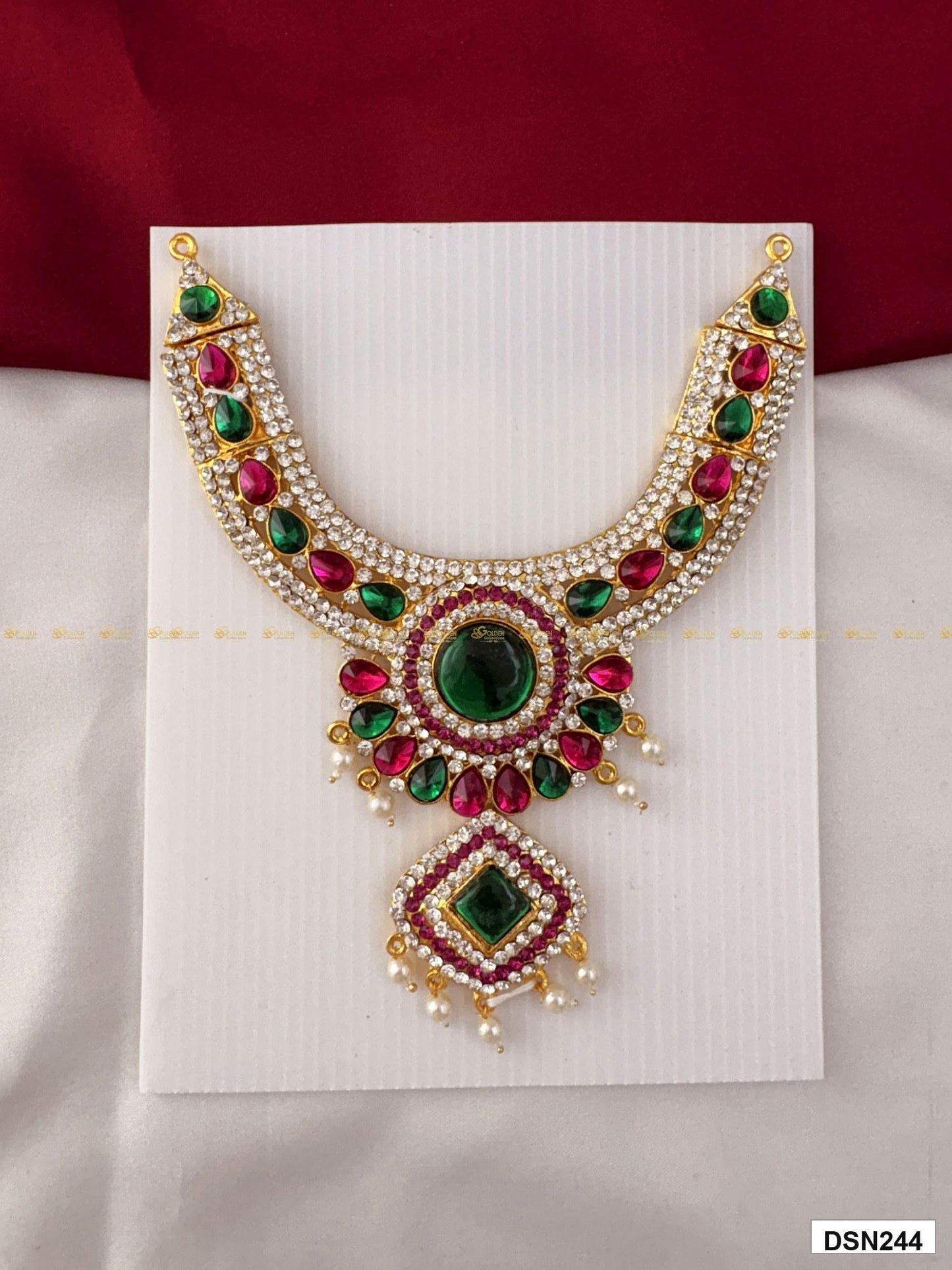 Front view of deity short haram with multicolor stones and gold plating for idol alankaram