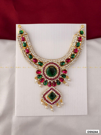 Front view of deity short haram with multicolor stones and gold plating for idol alankaram