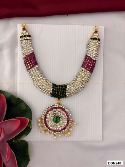 Front view of deity short haram with multicolor stones and gold plating for idol alankaram