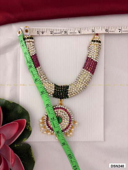 Measurement photo of deity short haram with measuring tape for idol alankaram size reference