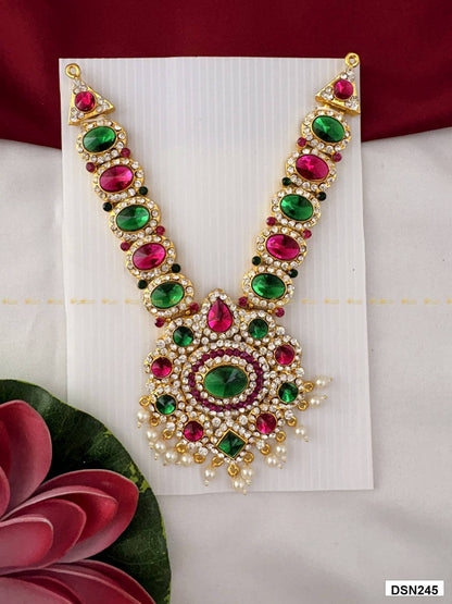 Front view of deity short haram with multicolor stones and gold plating for idol alankaram