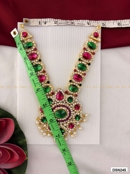 Measurement photo of deity short haram with measuring tape for idol alankaram size reference