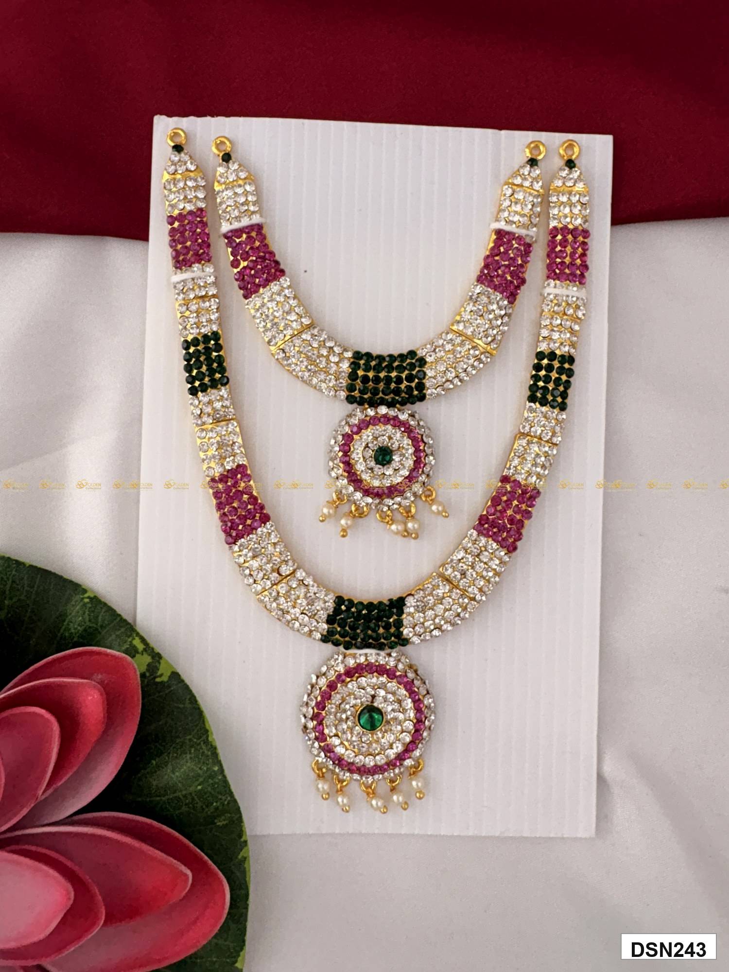Front view of deity short haram with multicolor stones and gold plating for idol alankaram