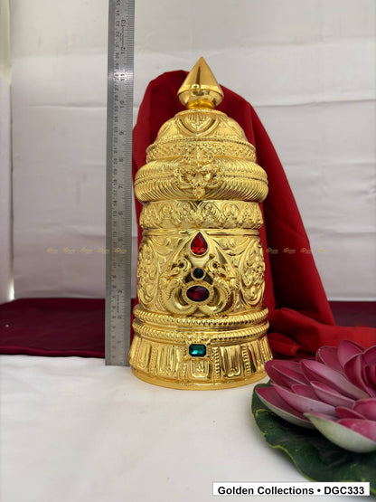 Height measurement view of scroll medallion full-round brass deity crown with red green accents, measured size 13 X 16.5 X 5