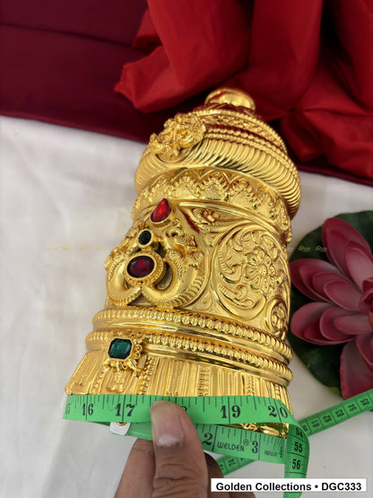 Side and base measurement view of scroll medallion full-round brass deity crown with red green accents, measured size 13 X 16.5 X 5