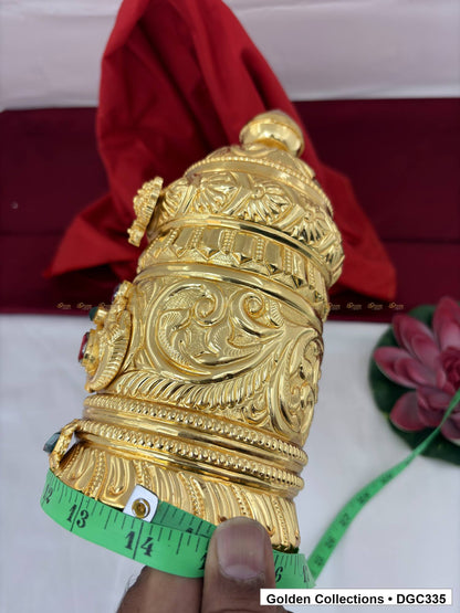 Side and base measurement view of scroll medallion full-round brass deity crown with red green accents, measured size 9.5 X 13.5 X 4