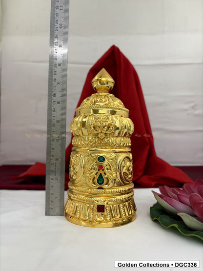 Height measurement view of scroll medallion full-round brass deity crown with red green accents, measured size 8.7 X 12 X 3.7