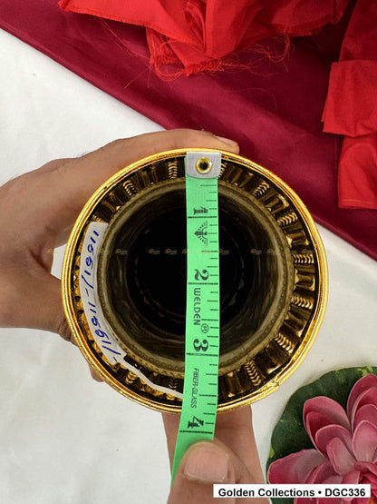 Side and base measurement view of scroll medallion full-round brass deity crown with red green accents, measured size 8.7 X 12 X 3.7