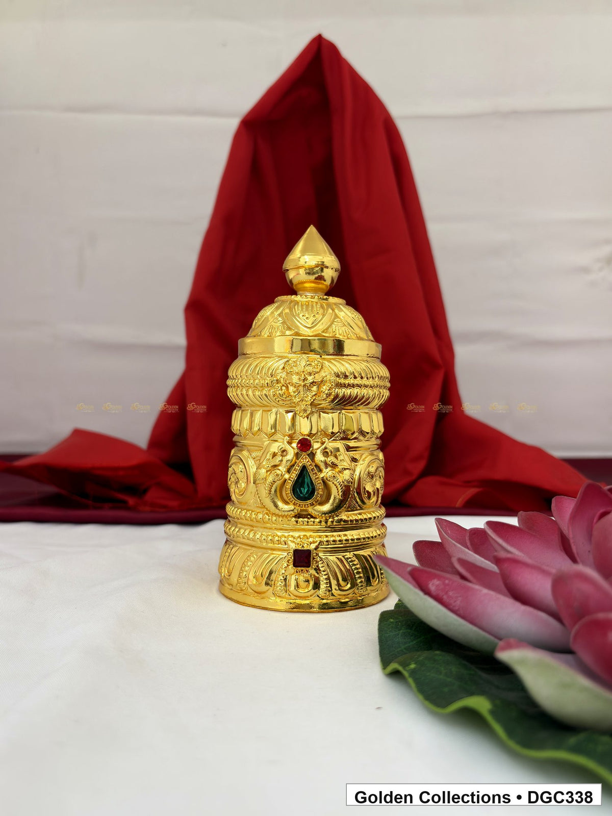Front view of scroll medallion full-round brass deity crown with red green accents, measured size 6.2 X 9 X 2.7