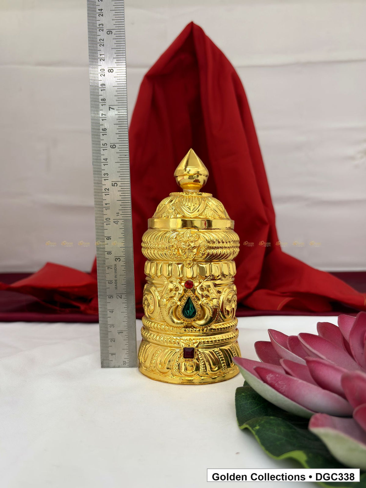 Height measurement view of scroll medallion full-round brass deity crown with red green accents, measured size 6.2 X 9 X 2.7