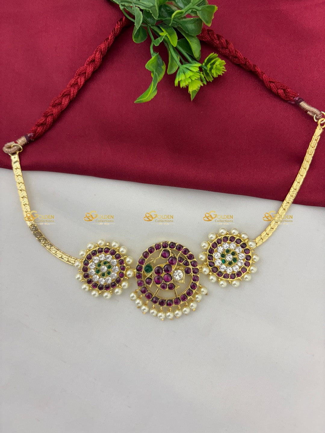 Real Kemp Short Necklace for Bharatanatyam and Kuchipudi BBN021 with red-green kemp stones