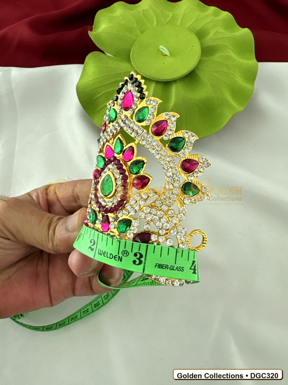 Side view of Small Arch Deity Crown Mukut with Pink Green Stones 3.5 x 4 x 3 inches DGC320 from Golden Collections