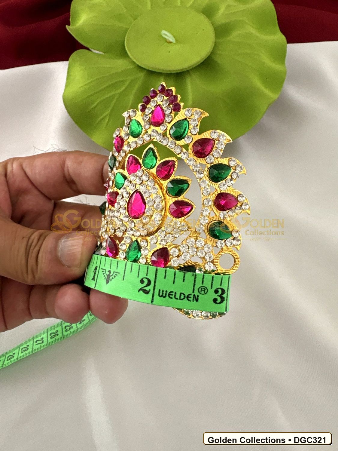 Side view of Small Layered Arch Deity Crown Mukut Pink Green Stones 3 x 3 x 2.5 inches DGC321 from Golden Collections